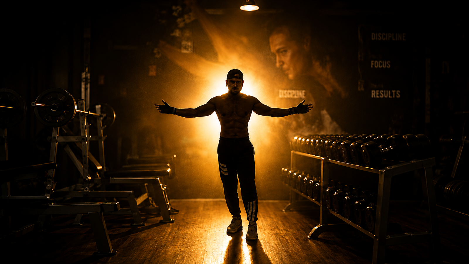 Athlete lifting in dramatic orange lit gym